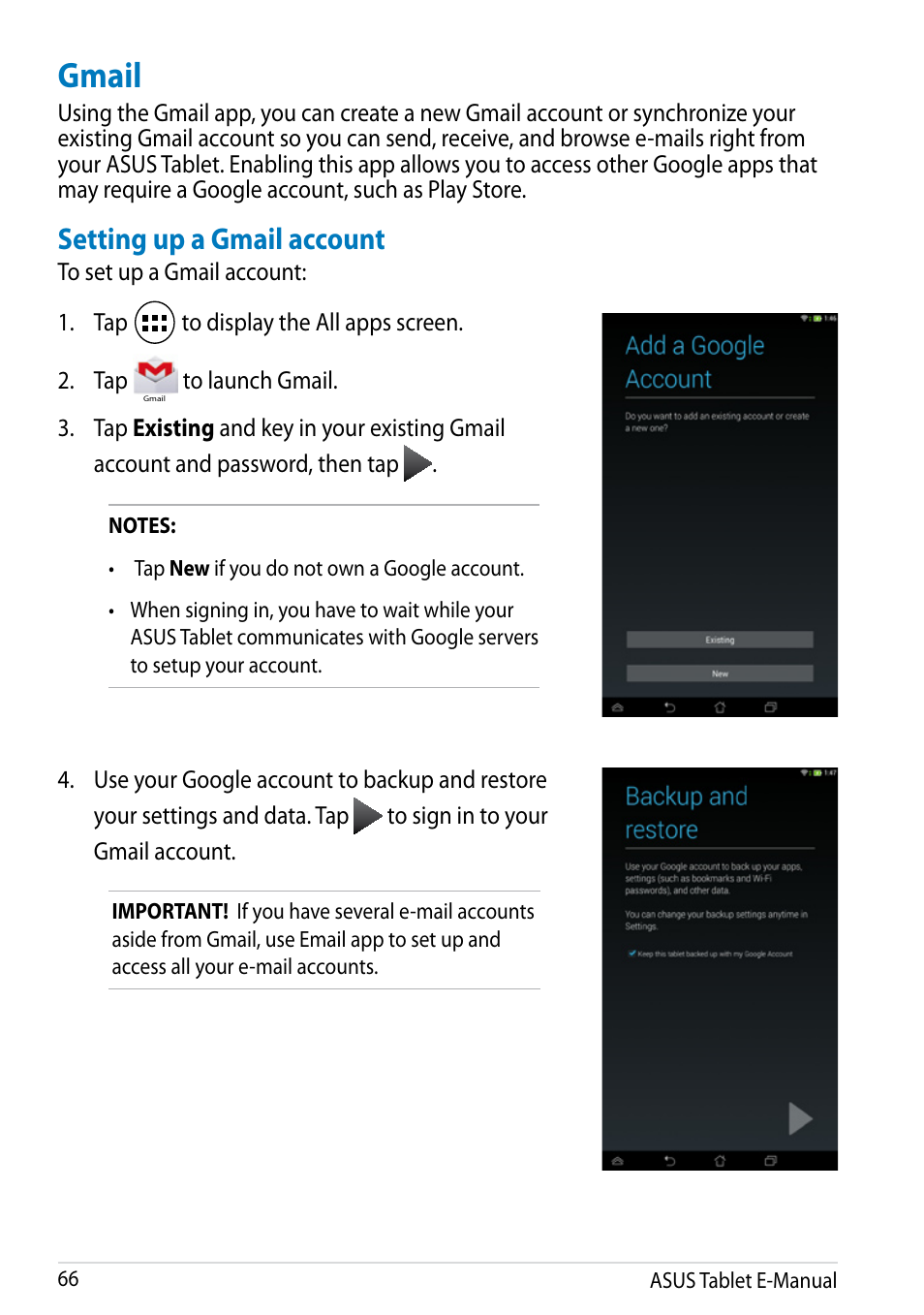 Gmail, Setting up a gmail account | Asus MeMO Pad 8 User Manual | Page 66 / 96