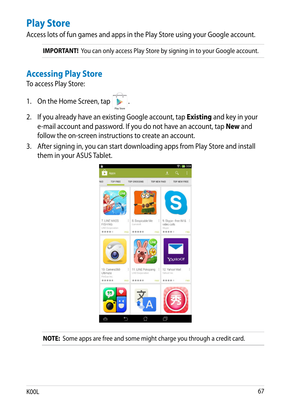 Play store, Accessing play store | Asus MeMO Pad 8 User Manual | Page 67 / 96