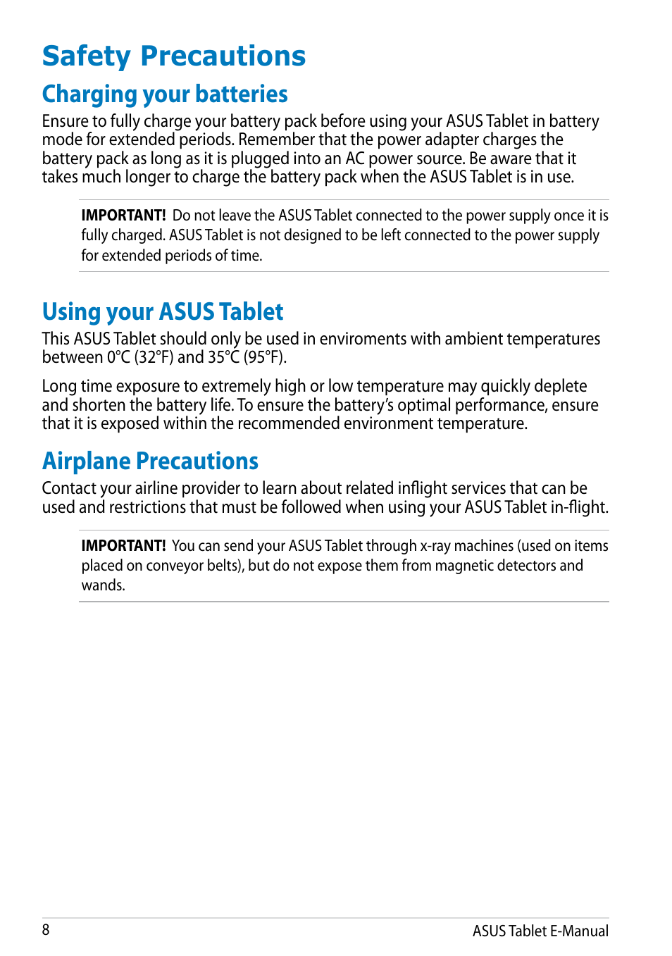 Safety precautions, Charging your batteries, Using your asus tablet | Airplane precautions | Asus MeMO Pad 8 User Manual | Page 8 / 96