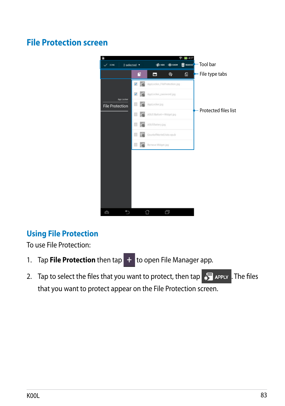 File protection screen, Using file protection | Asus MeMO Pad 8 User Manual | Page 83 / 96