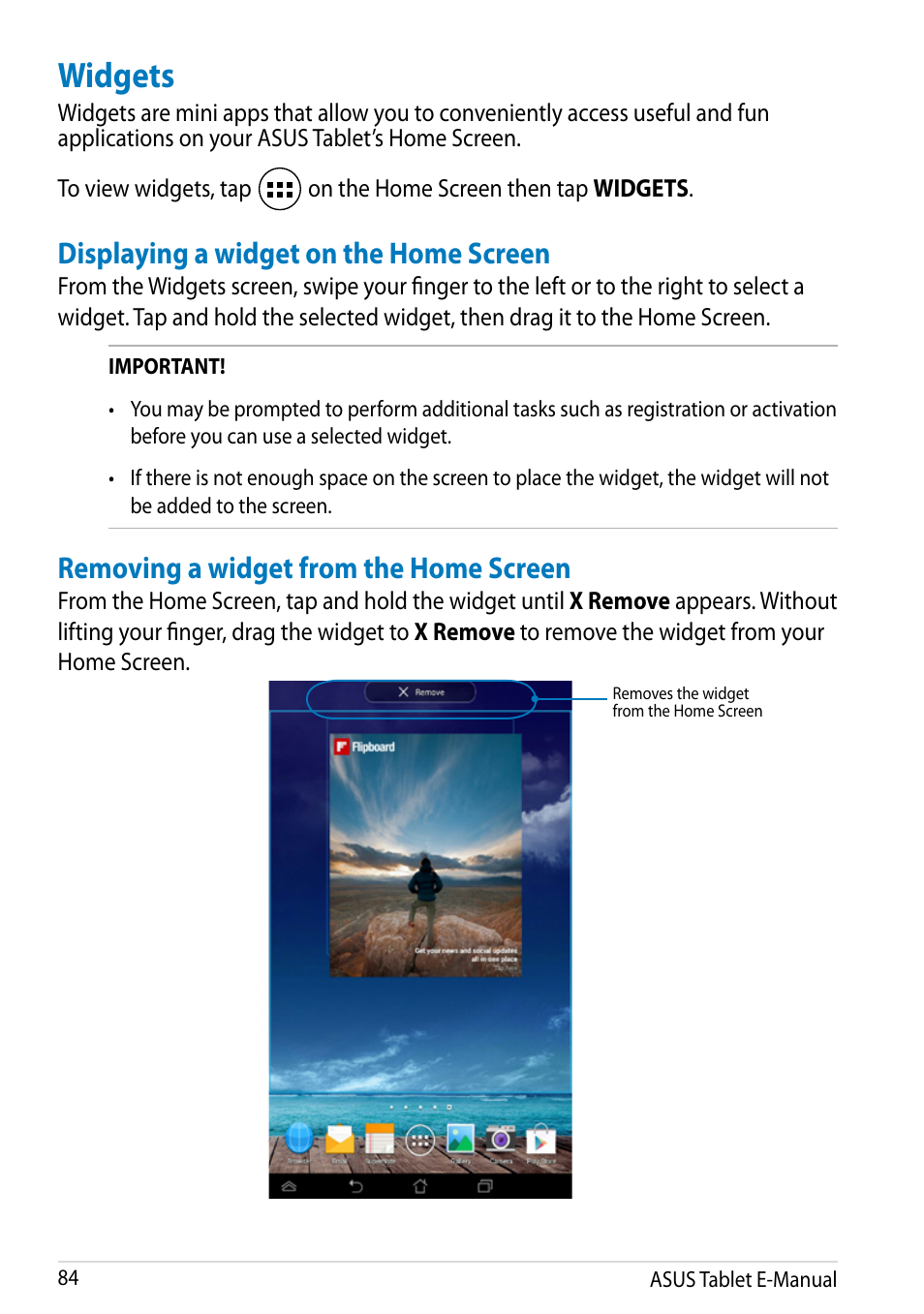 Widgets, Removing a widget from the home screen, Displaying a widget on the home screen | Asus MeMO Pad 8 User Manual | Page 84 / 96