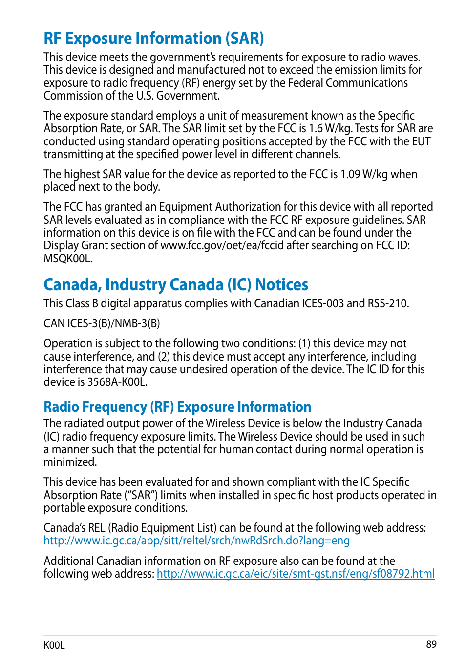 Rf exposure information (sar), Canada, industry canada (ic) notices, Radio frequency (rf) exposure information | Asus MeMO Pad 8 User Manual | Page 89 / 96