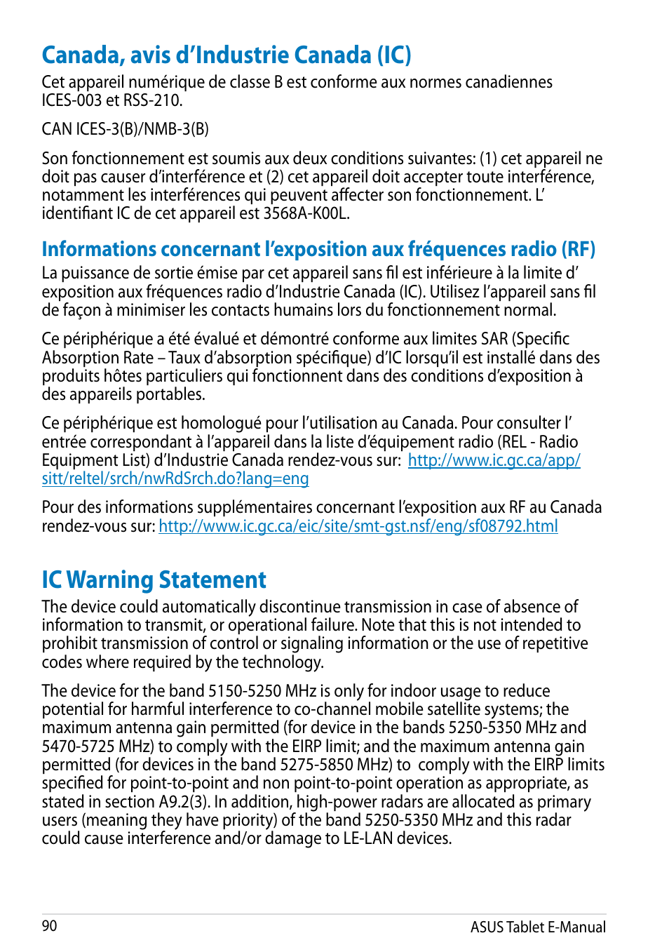 Canada, avis d’industrie canada (ic), Ic warning statement | Asus MeMO Pad 8 User Manual | Page 90 / 96