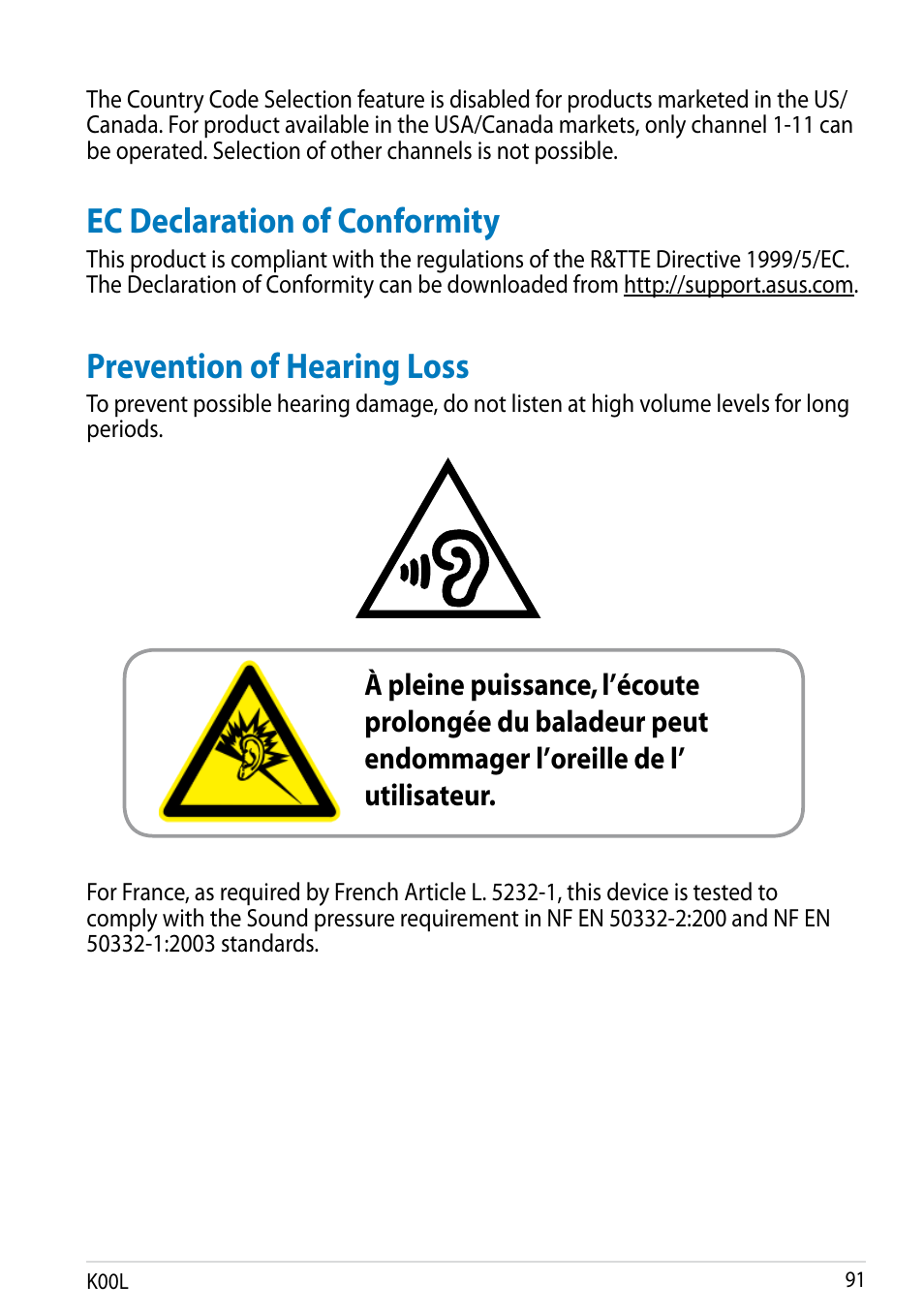 Ec declaration of conformity, Prevention of hearing loss | Asus MeMO Pad 8 User Manual | Page 91 / 96