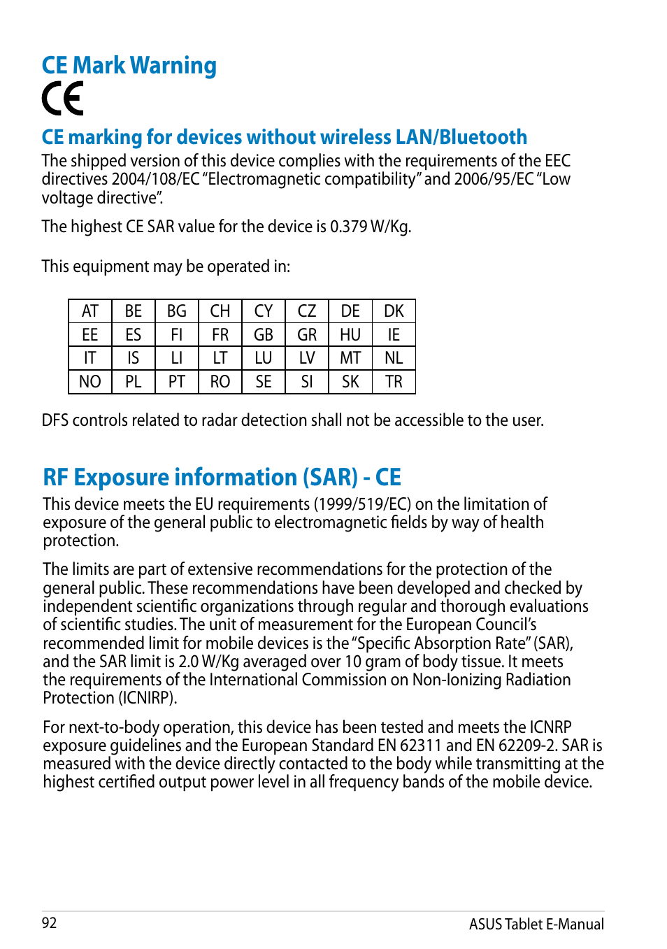 Ce mark warning, Rf exposure information (sar) - ce, Ce mark warning rf exposure information (sar) - ce | Asus MeMO Pad 8 User Manual | Page 92 / 96