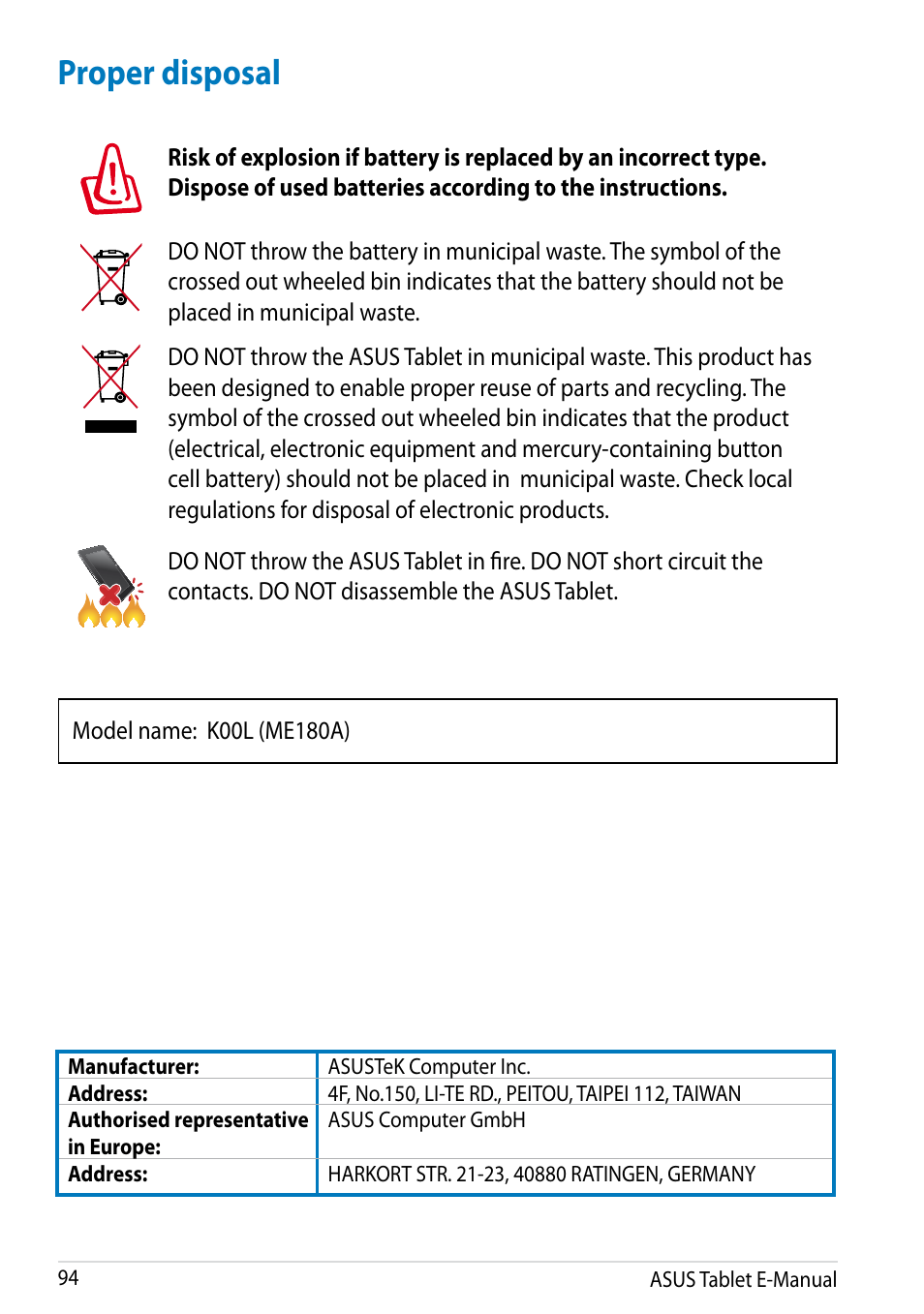 Proper disposal | Asus MeMO Pad 8 User Manual | Page 94 / 96