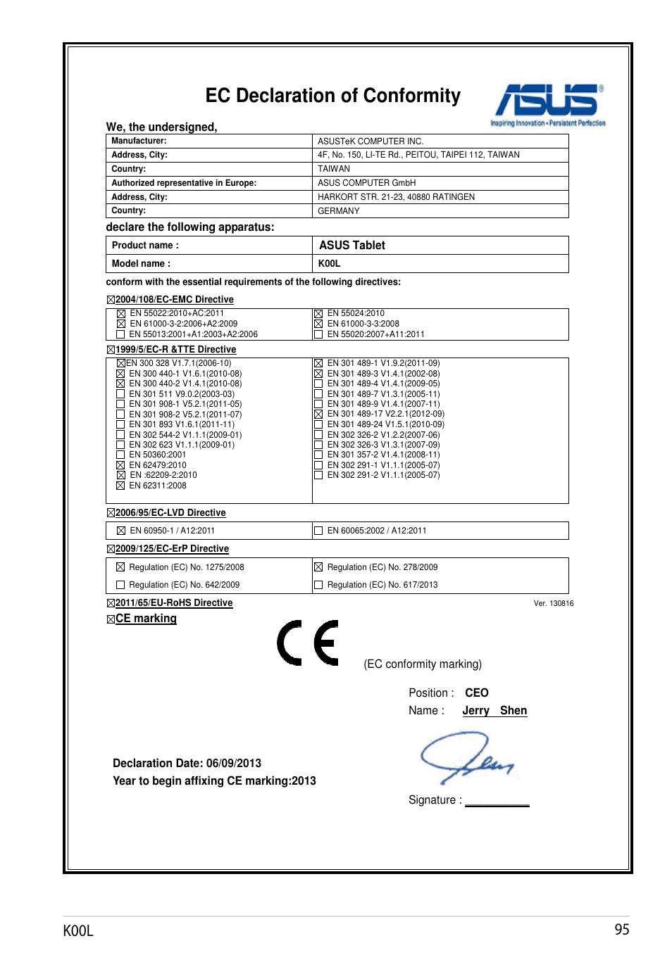 Ec declaration of conformity, K00l | Asus MeMO Pad 8 User Manual | Page 95 / 96