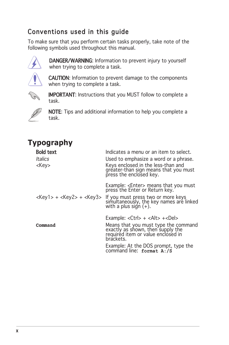 Typography, Conventions used in this guide | Asus P5MT-C User Manual | Page 10 / 154