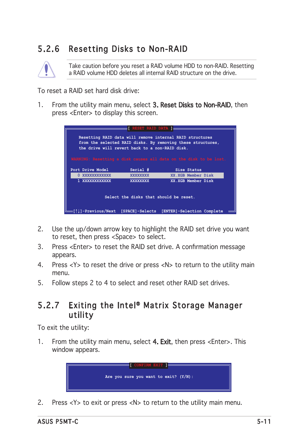 7 exiting the intel, Matrix storage manager utility, 6 resetting disks to non-raid | Asus P5MT-C User Manual | Page 105 / 154