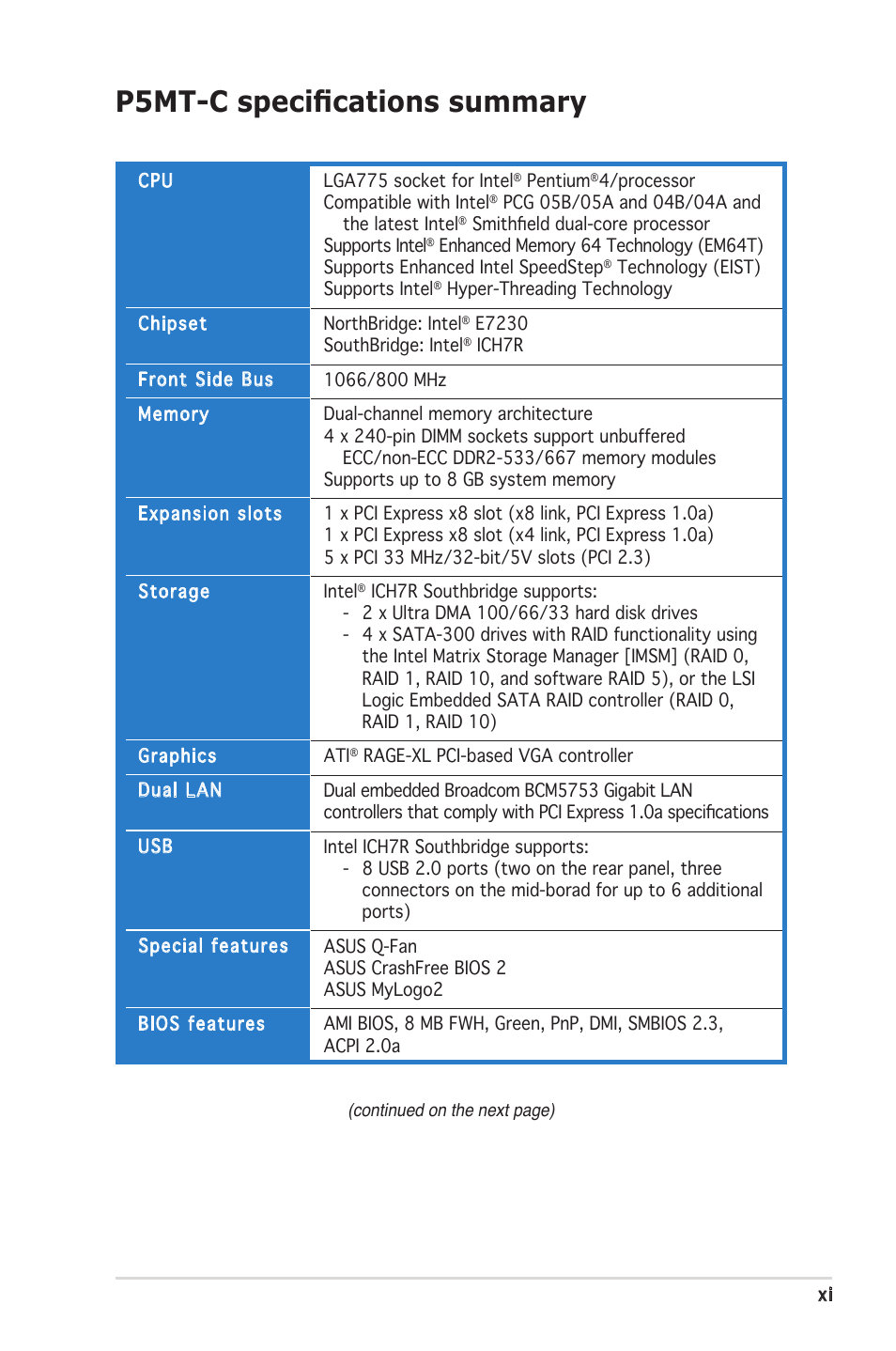 P5mt-c speciﬁcations summary | Asus P5MT-C User Manual | Page 11 / 154