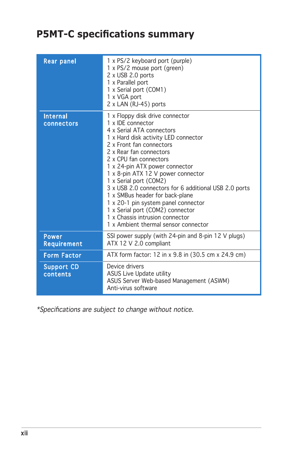 P5mt-c speciﬁcations summary | Asus P5MT-C User Manual | Page 12 / 154