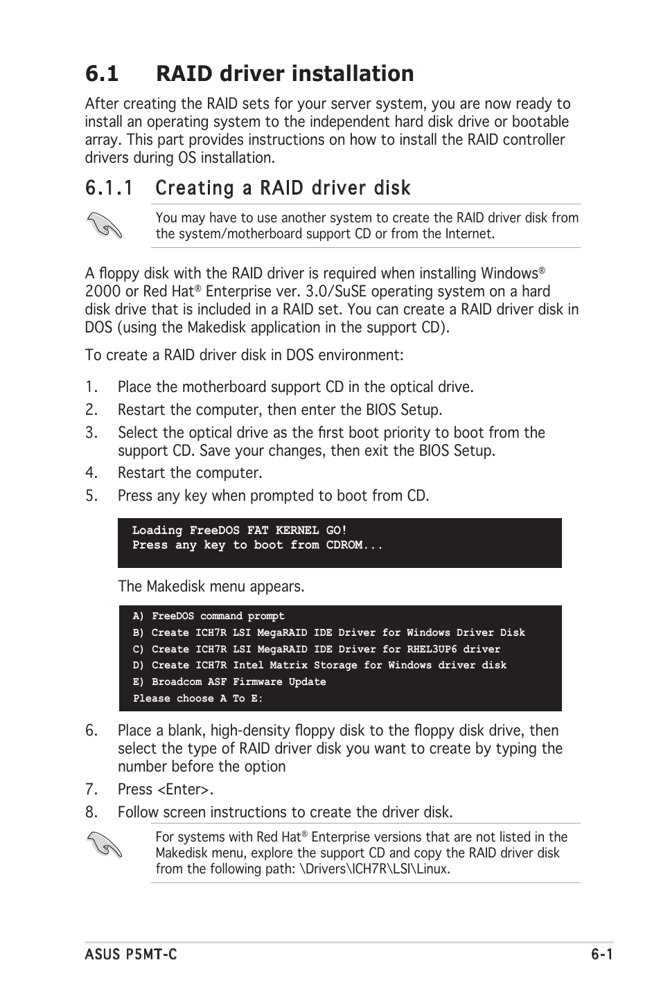 1 raid driver installation, 1 creating a raid driver disk | Asus P5MT-C User Manual | Page 133 / 154