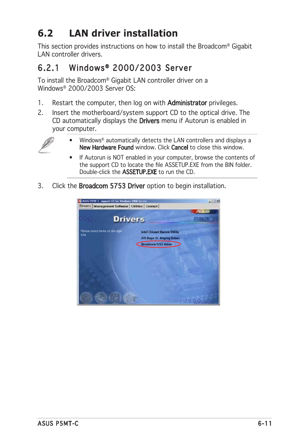 2 lan driver installation, 1 windows | Asus P5MT-C User Manual | Page 143 / 154