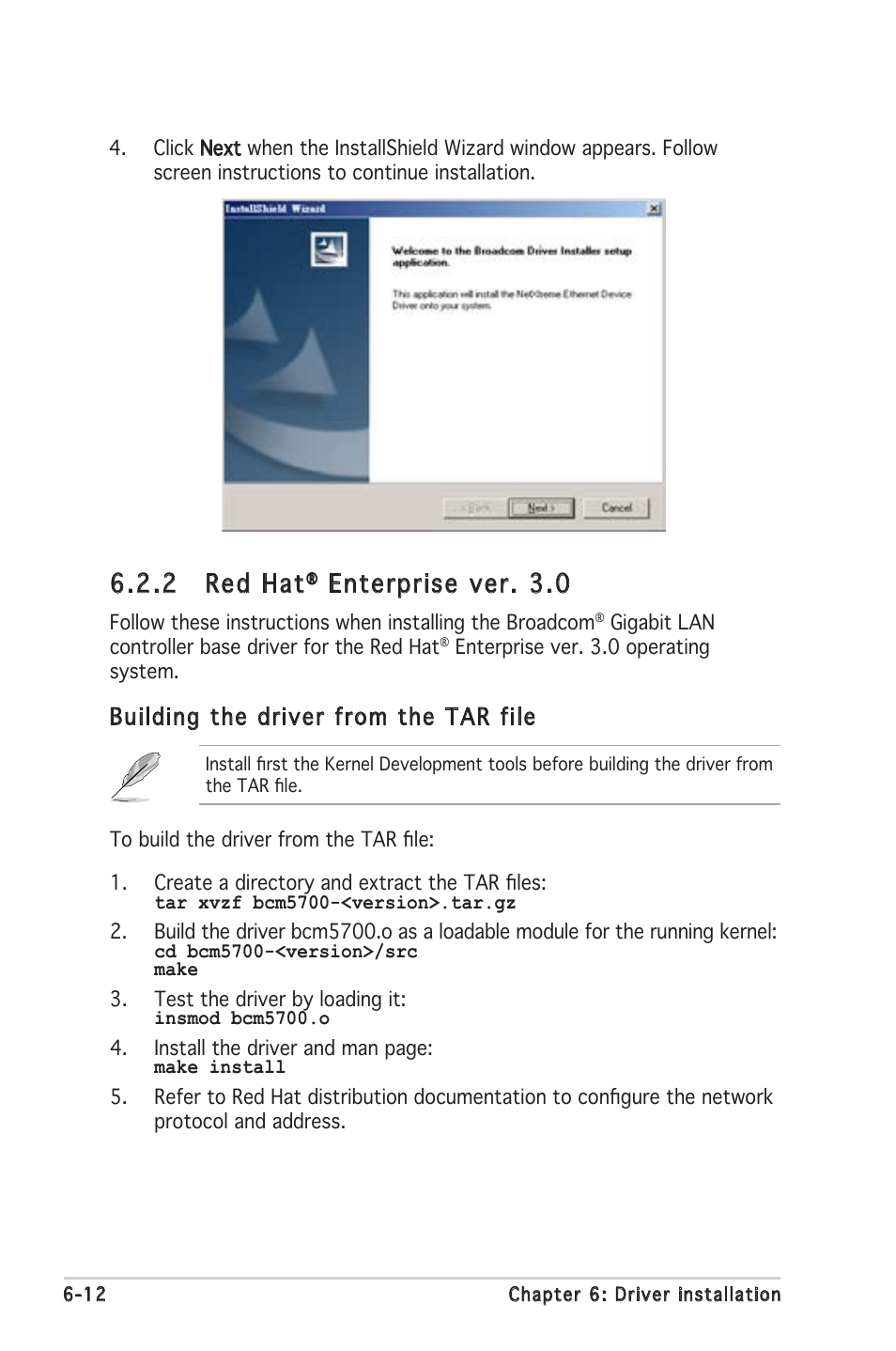 2 red hat, Enterprise ver. 3.0, Building the driver from the tar file | Asus P5MT-C User Manual | Page 144 / 154