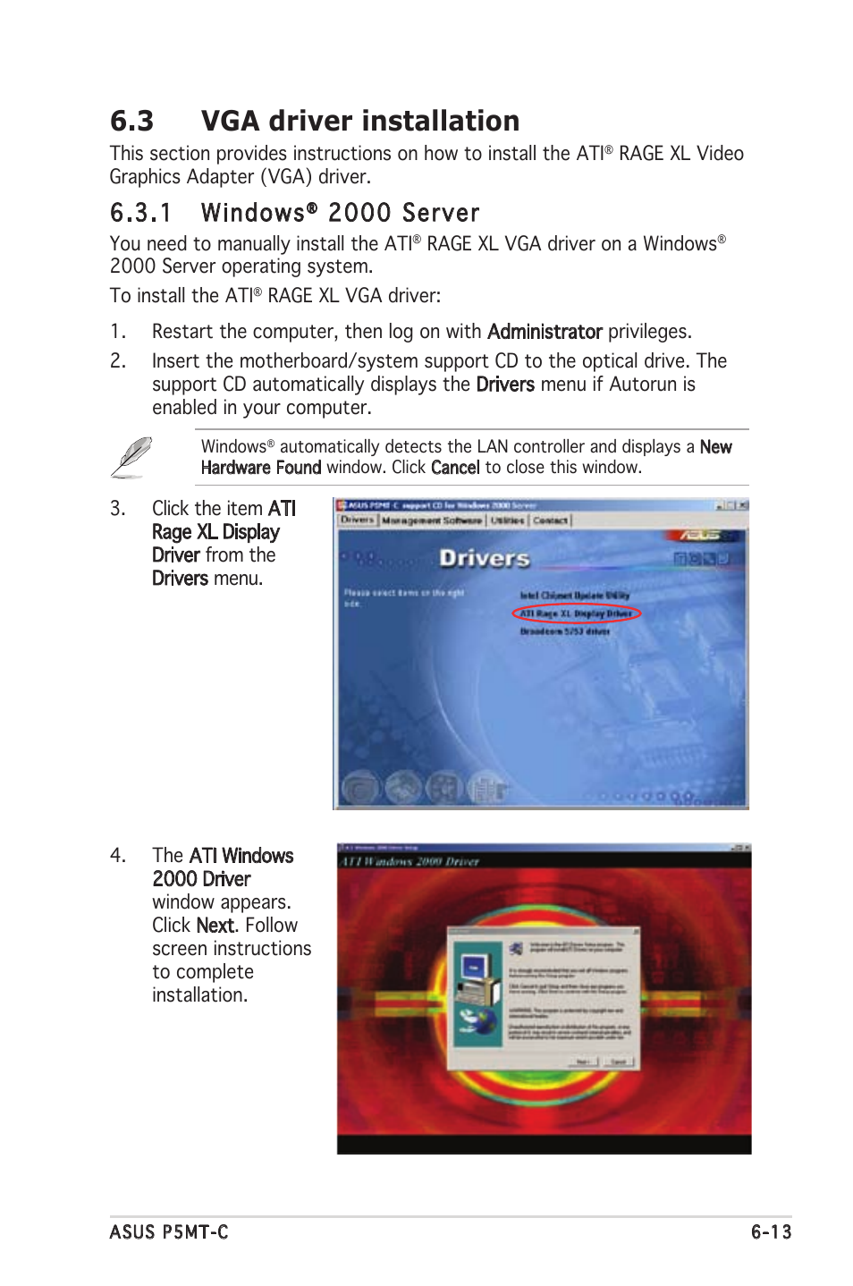 3 vga driver installation, 1 windows, 2000 server | Asus P5MT-C User Manual | Page 145 / 154