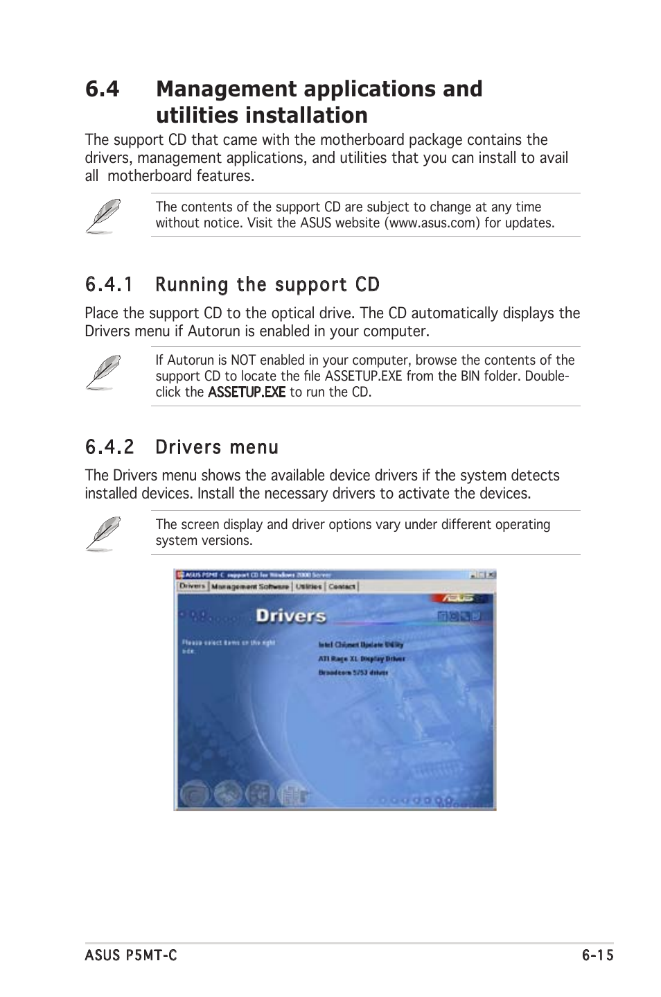 1 running the support cd, 2 drivers menu | Asus P5MT-C User Manual | Page 147 / 154