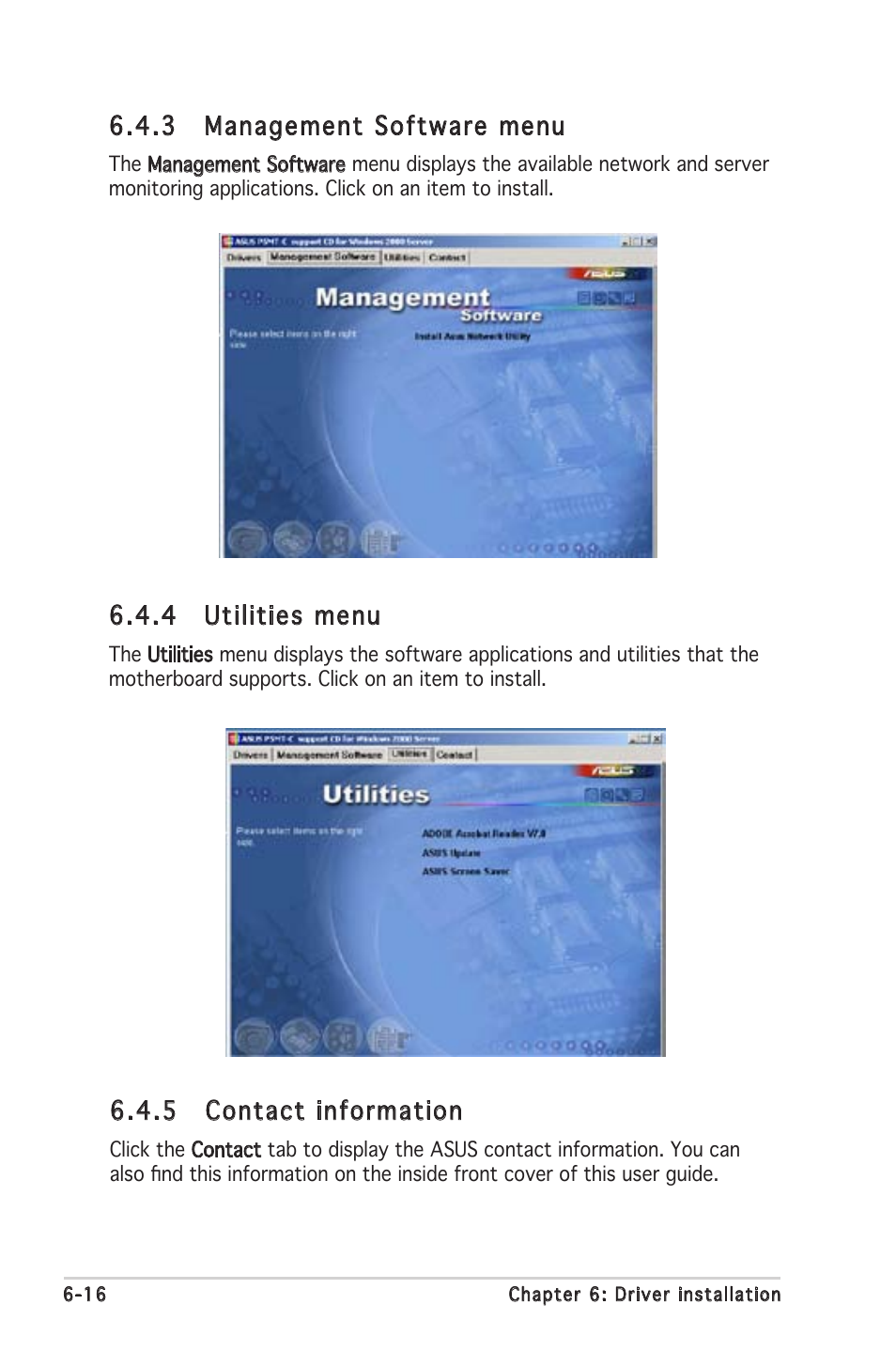 3 management software menu, 4 utilities menu, 5 contact information | Asus P5MT-C User Manual | Page 148 / 154