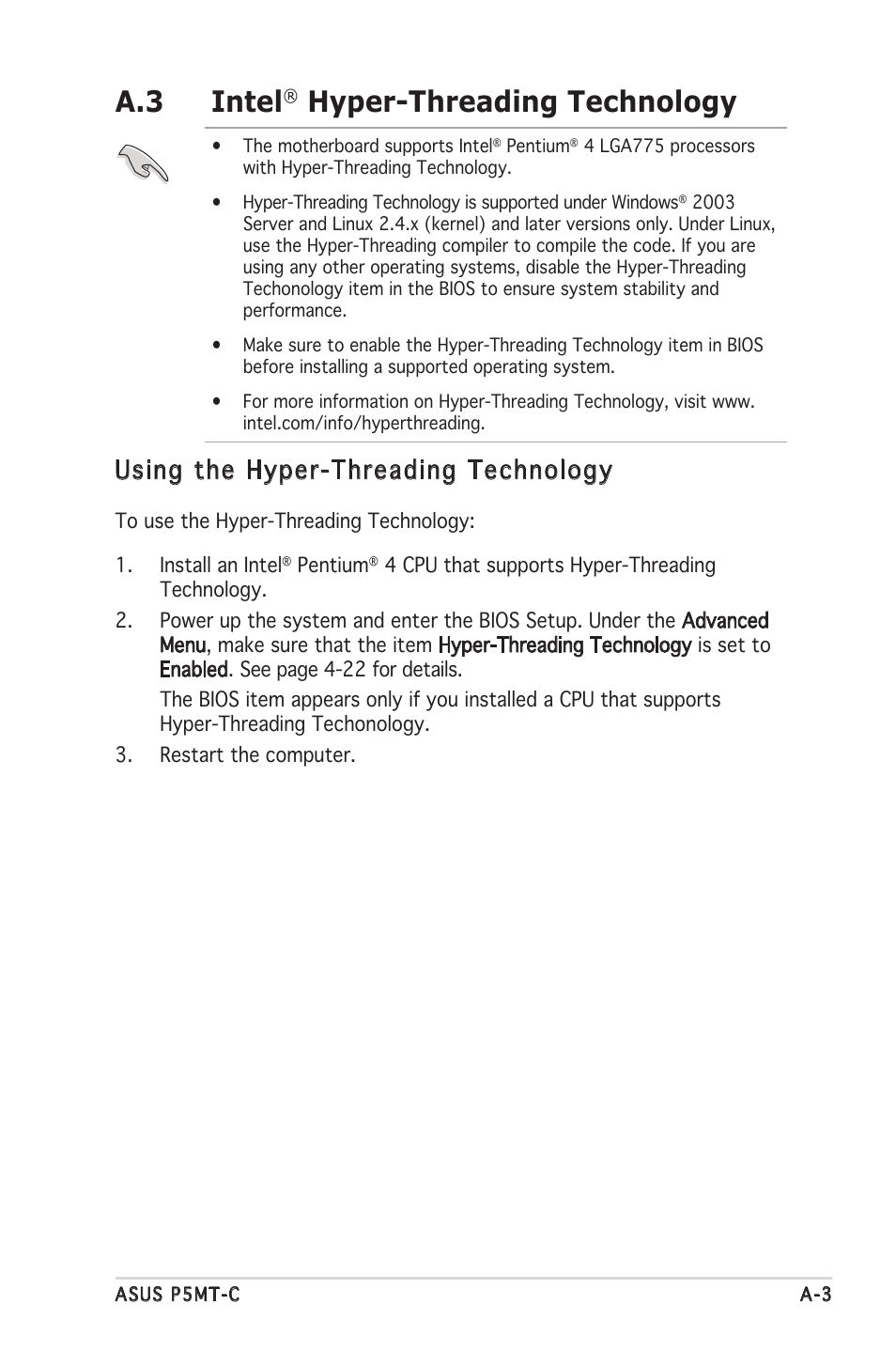 A.3 intel, Hyper-threading technology, Using the hyper-threading technology | Asus P5MT-C User Manual | Page 153 / 154