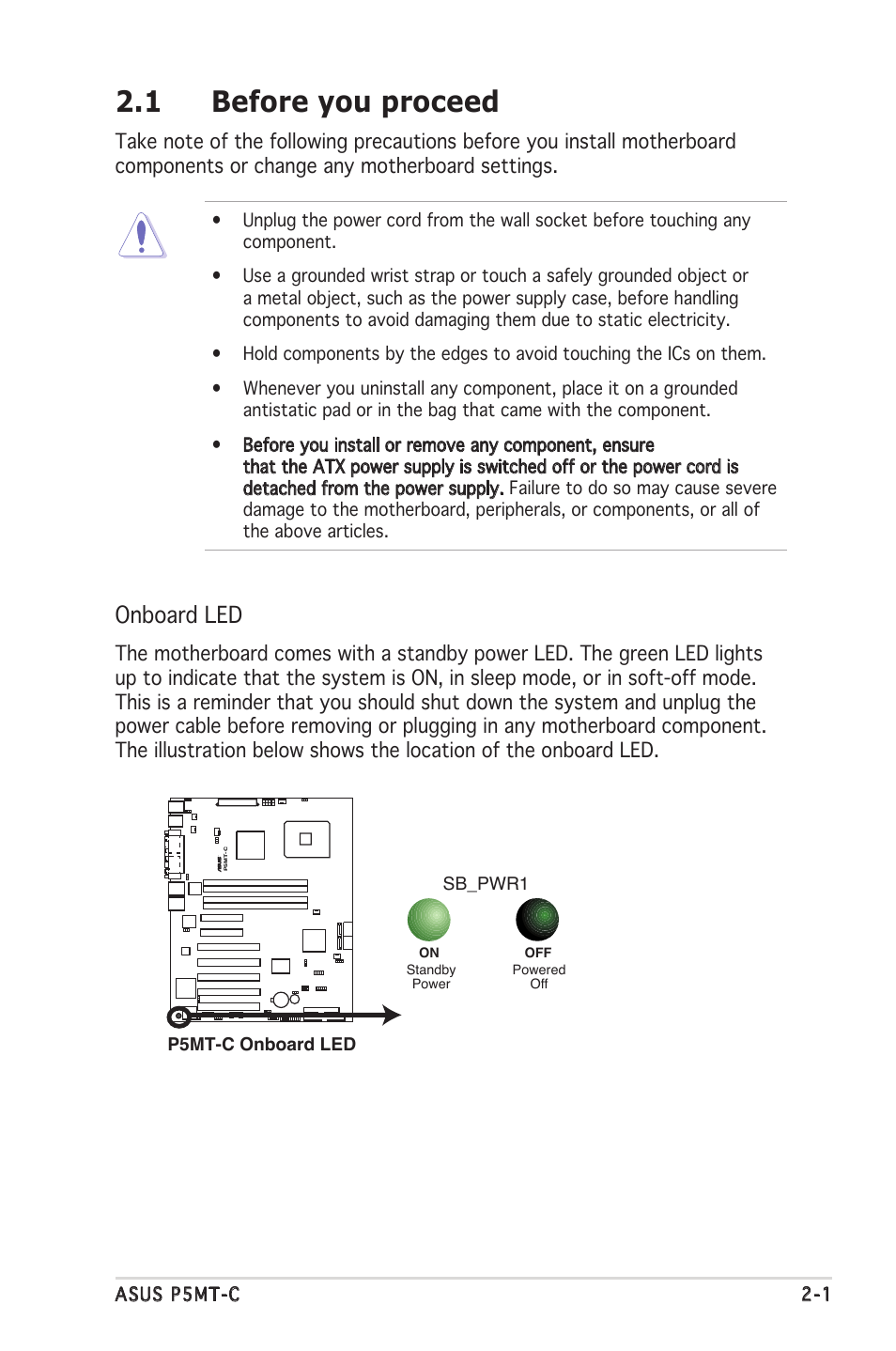 1 before you proceed, Onboard led | Asus P5MT-C User Manual | Page 21 / 154