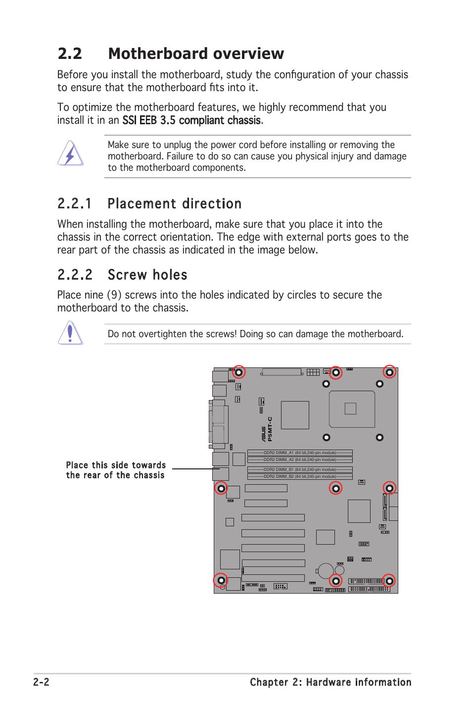 2 motherboard overview, 1 placement direction, 2 screw holes | Asus P5MT-C User Manual | Page 22 / 154