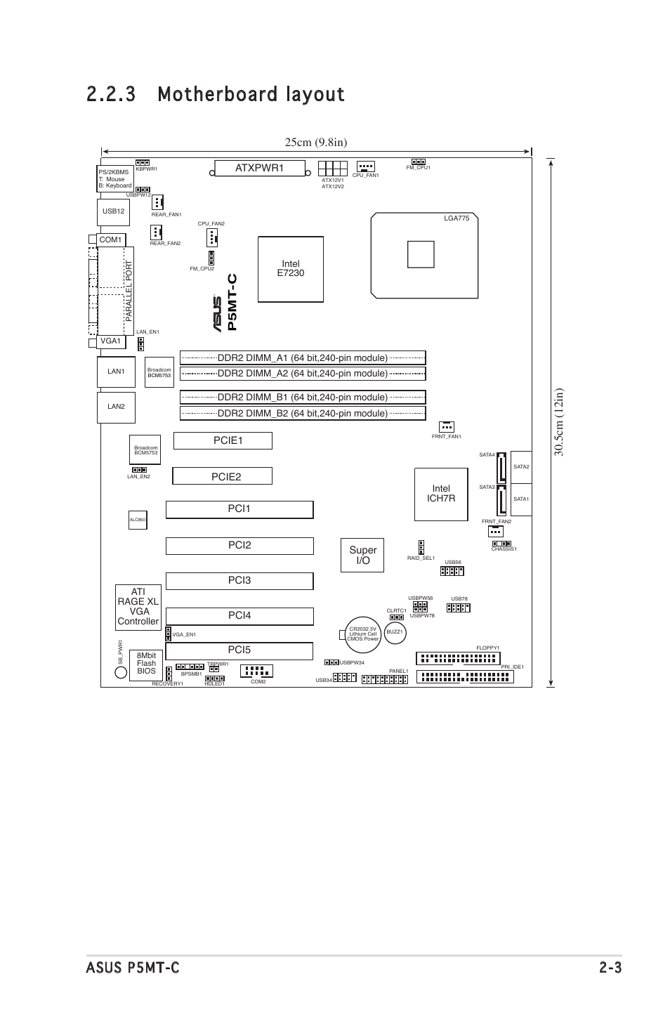 3 motherboard layout, Asus p5mt-c 2-3, P5 m t -c | Super i/o, Pcie1, Pci5, Atxpwr1 | Asus P5MT-C User Manual | Page 23 / 154