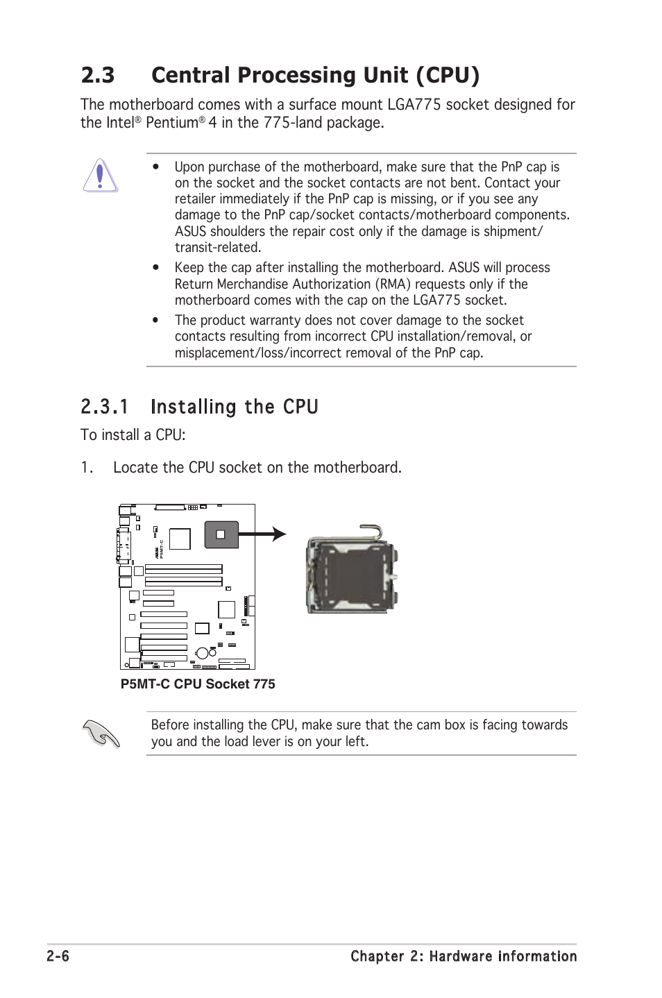 3 central processing unit (cpu), 1 installing the cpu, Pentium | 4 in the 775-land package | Asus P5MT-C User Manual | Page 26 / 154