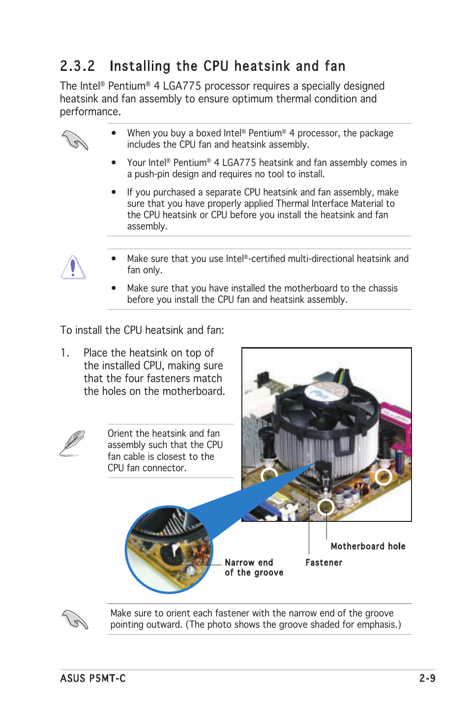 2 installing the cpu heatsink and fan | Asus P5MT-C User Manual | Page 29 / 154