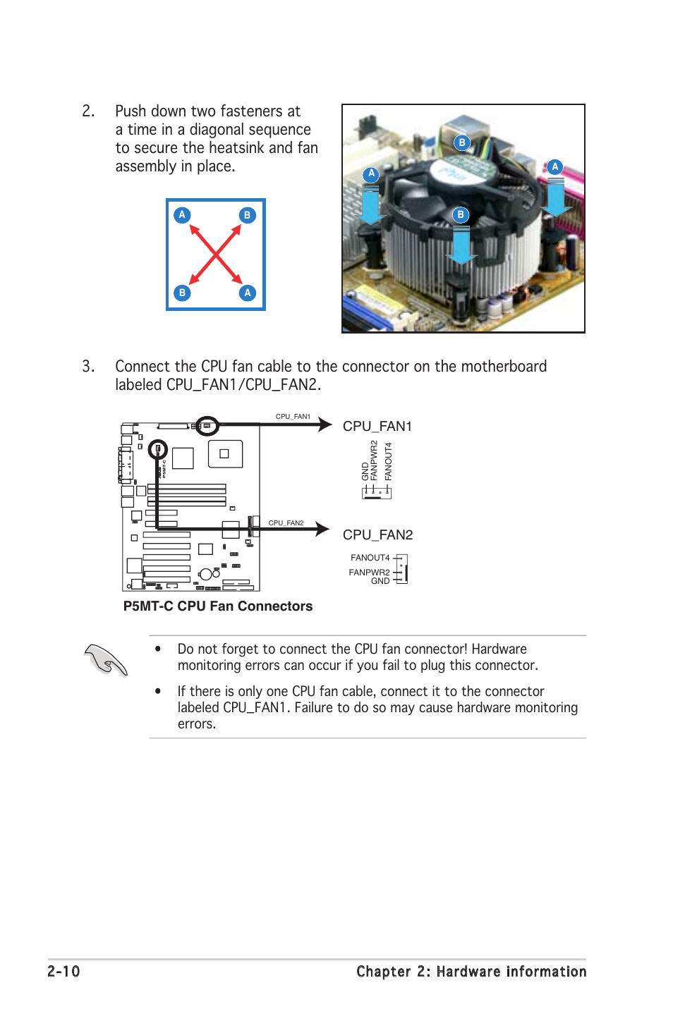 10 chapter 2: hardware information, P5mt-c cpu fan connectors, Cpu_fan2 cpu_fan1 | Asus P5MT-C User Manual | Page 30 / 154