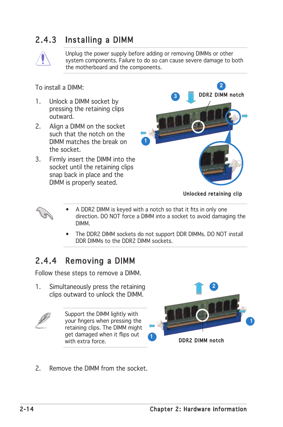 3 installing a dimm, 4 removing a dimm | Asus P5MT-C User Manual | Page 34 / 154