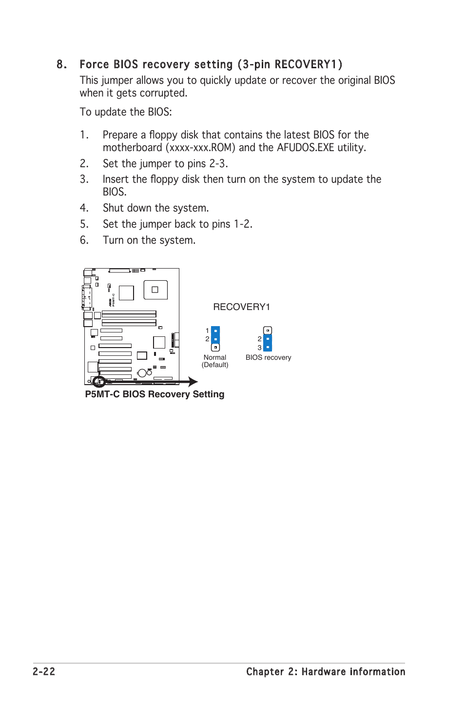 22 chapter 2: hardware information, P5mt-c bios recovery setting recovery1 | Asus P5MT-C User Manual | Page 42 / 154