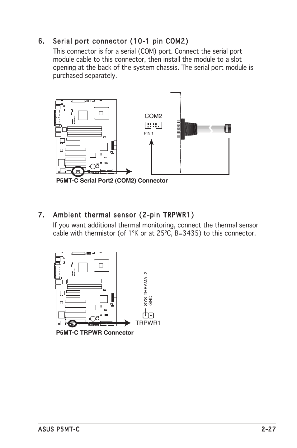 Asus p5mt-c 2-27, P5mt-c serial port2 (com2) connector, Com2 | P5mt-c trpwr connector trpwr1 | Asus P5MT-C User Manual | Page 47 / 154