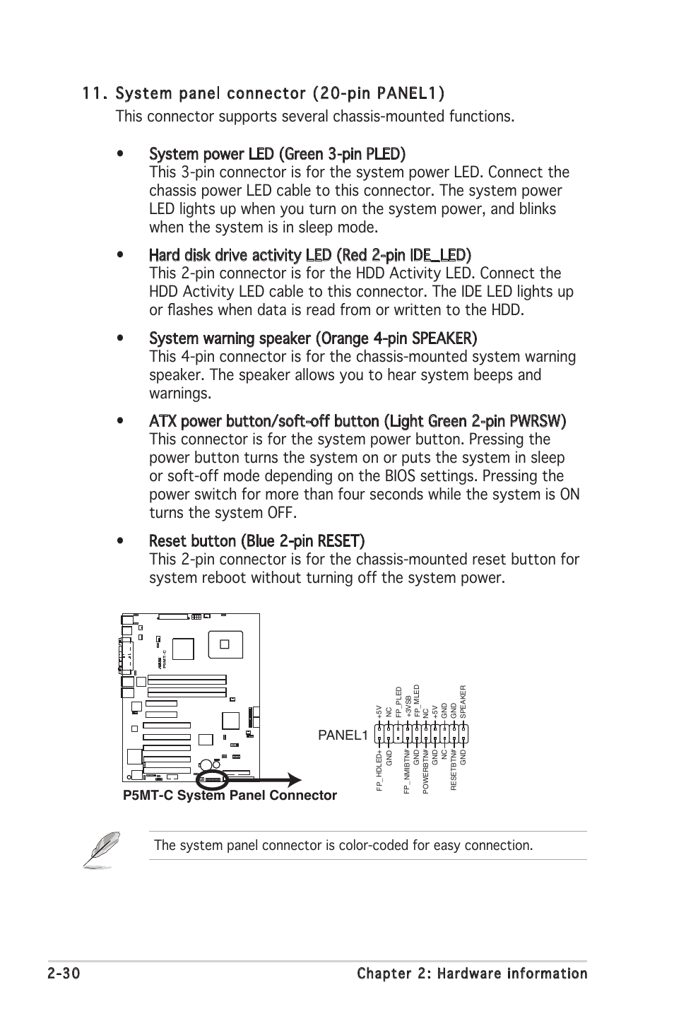 30 chapter 2: hardware information, P5mt-c system panel connector panel1 | Asus P5MT-C User Manual | Page 50 / 154