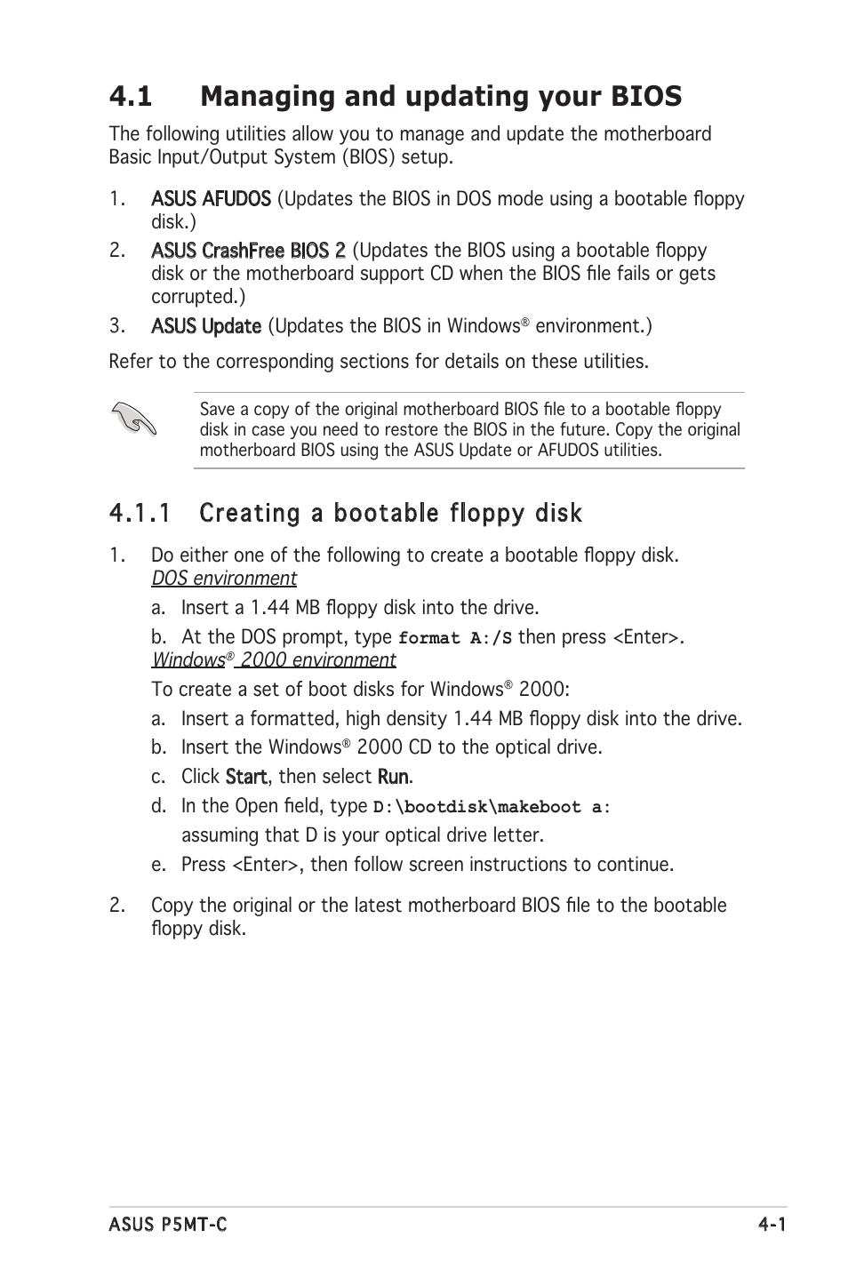 1 managing and updating your bios, 1 creating a bootable floppy disk | Asus P5MT-C User Manual | Page 57 / 154