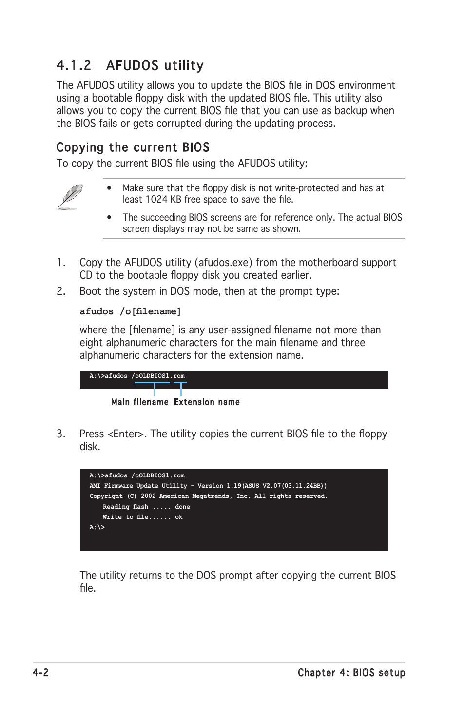 2 afudos utility, Copying the current bios | Asus P5MT-C User Manual | Page 58 / 154