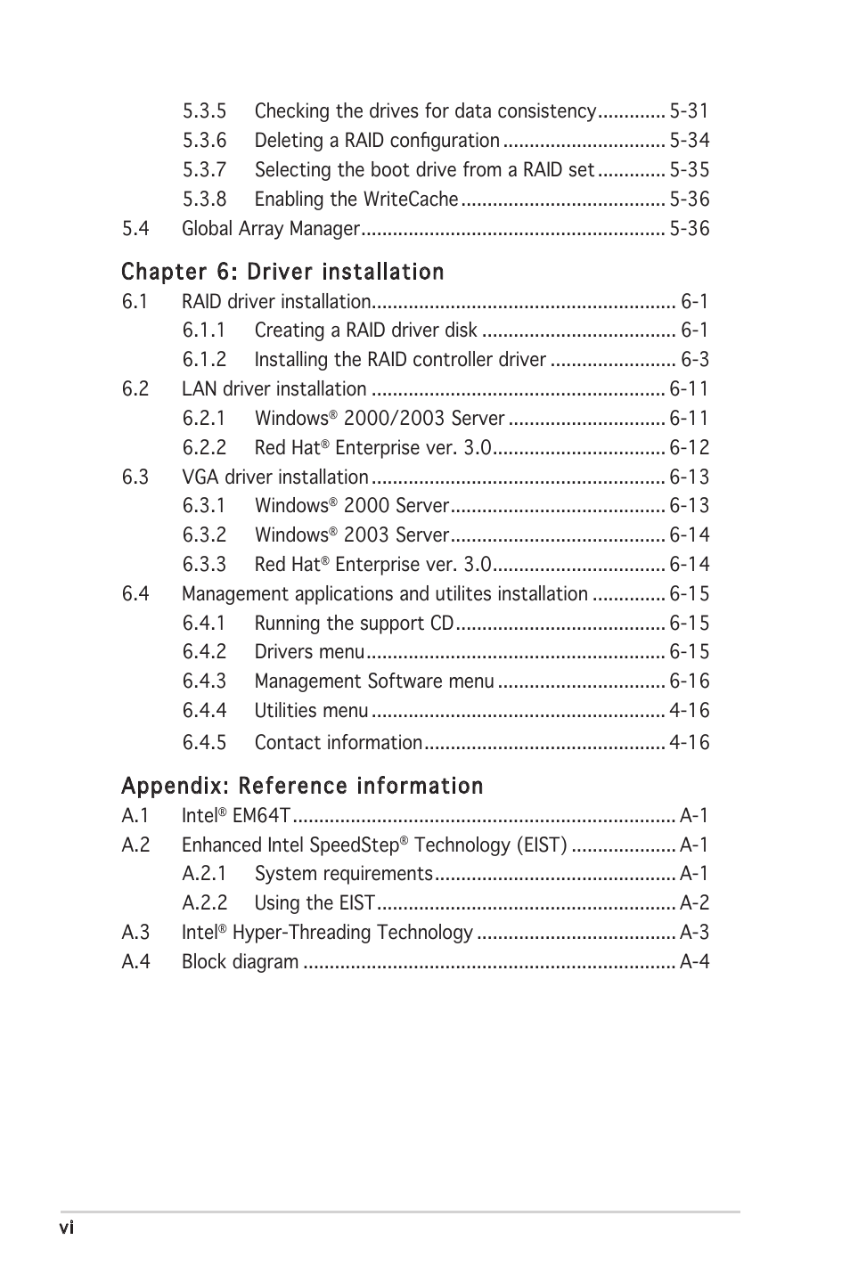 Chapter 6: driver installation, Appendix: reference information | Asus P5MT-C User Manual | Page 6 / 154