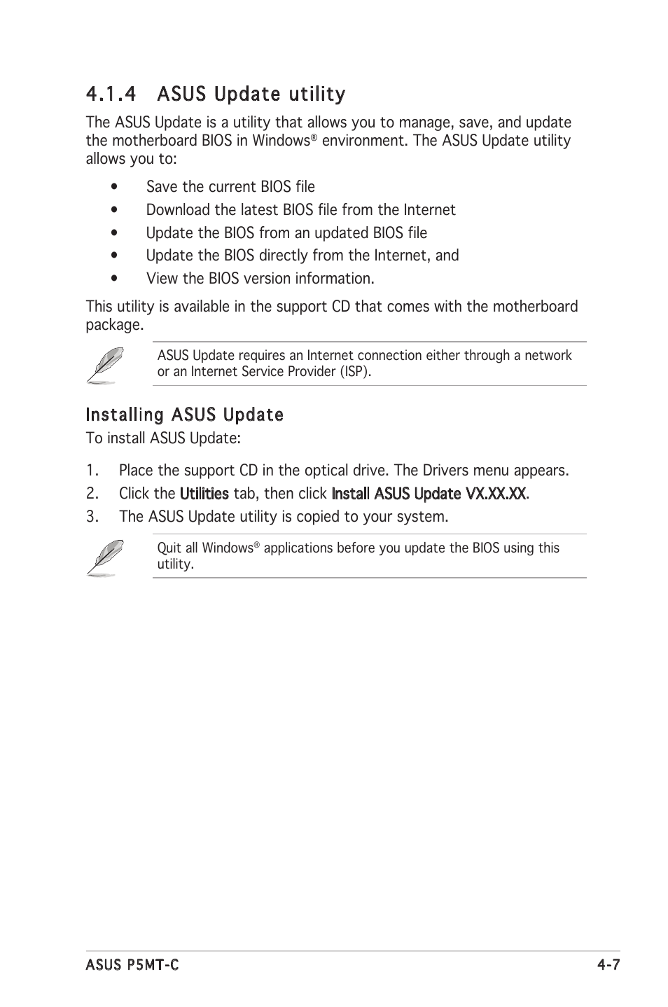 4 asus update utility, Installing asus update | Asus P5MT-C User Manual | Page 63 / 154