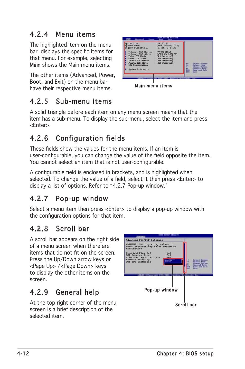 4 menu items, 5 sub-menu items, 6 configuration fields | 7 pop-up window, 8 scroll bar, 9 general help | Asus P5MT-C User Manual | Page 68 / 154