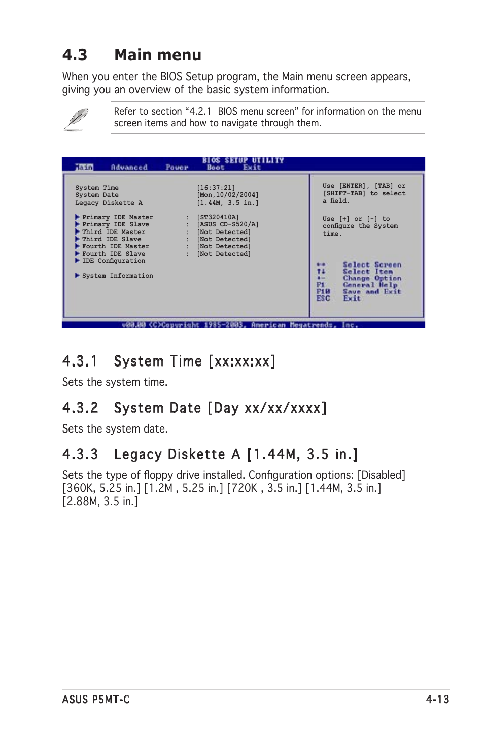 3 main menu, 1 system time [xx:xx:xx, Sets the system time | Sets the system date | Asus P5MT-C User Manual | Page 69 / 154