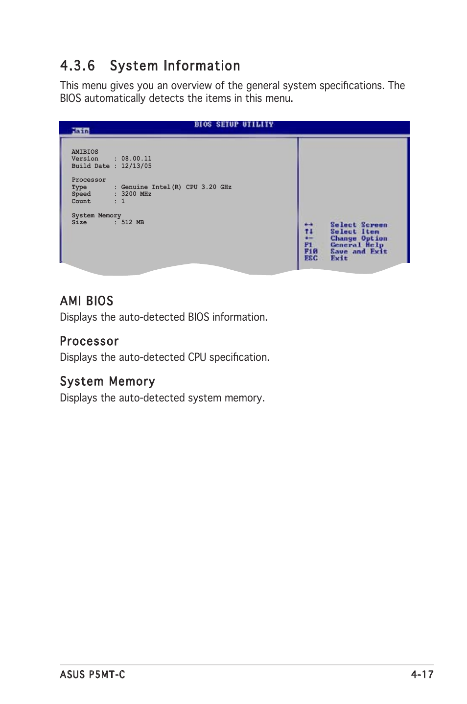 6 system information, Ami bios, Processor | Asus P5MT-C User Manual | Page 73 / 154