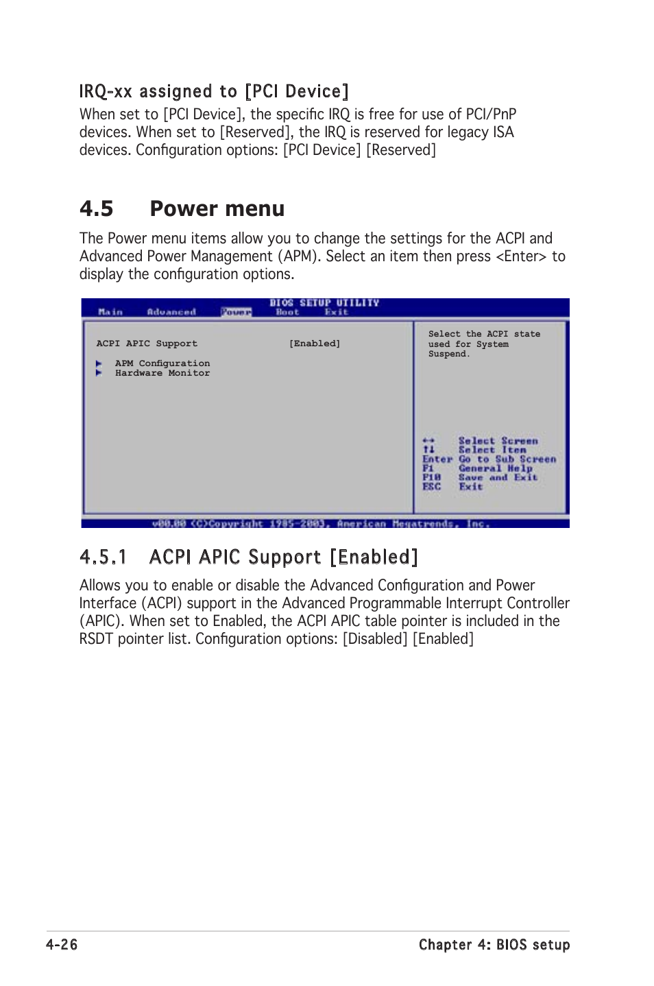 5 power menu, 1 acpi apic support [enabled, Irq-xx assigned to [pci device | Asus P5MT-C User Manual | Page 82 / 154