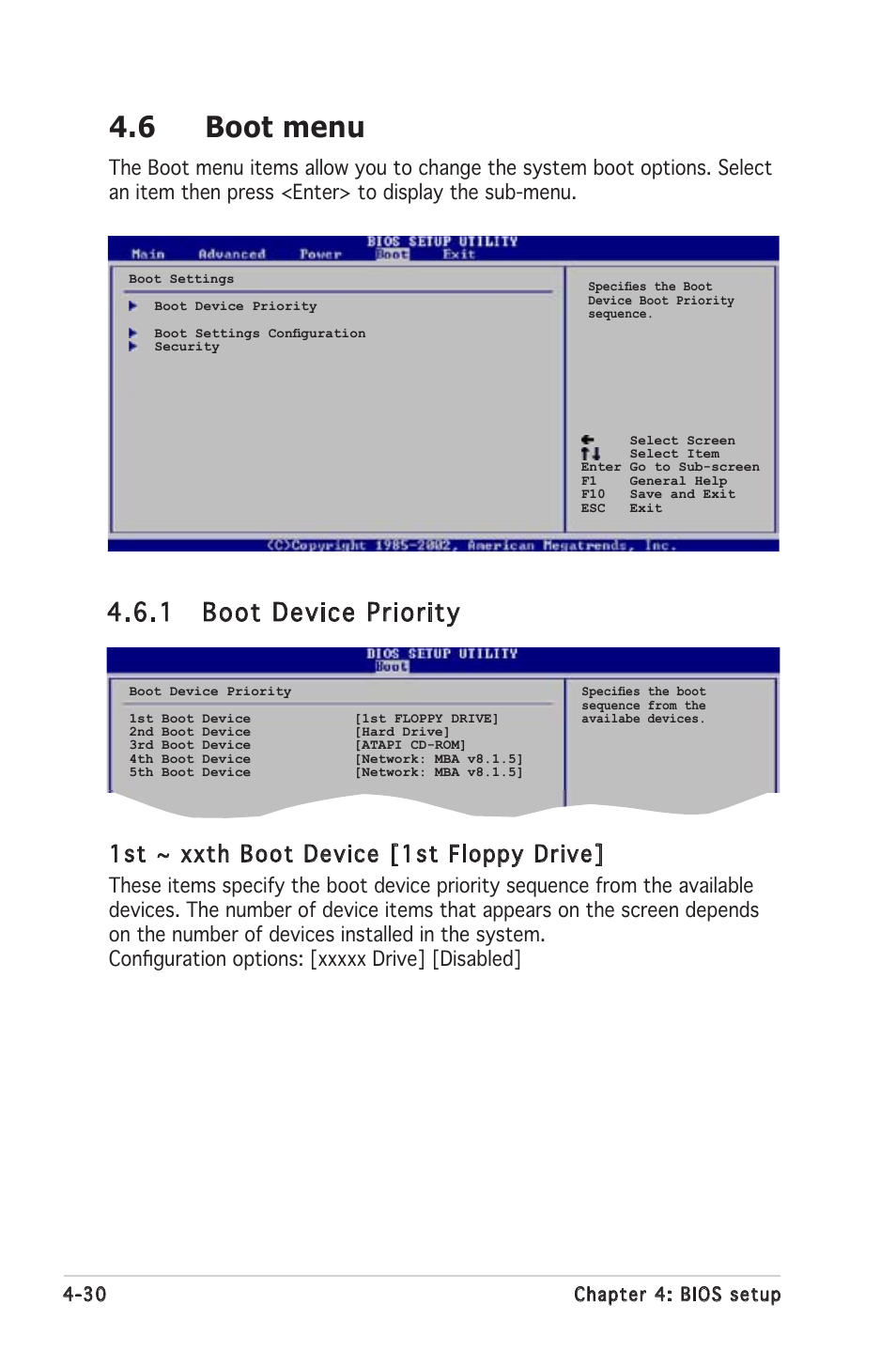 6 boot menu, 1 boot device priority, 1st ~ xxth boot device [1st floppy drive | Asus P5MT-C User Manual | Page 86 / 154