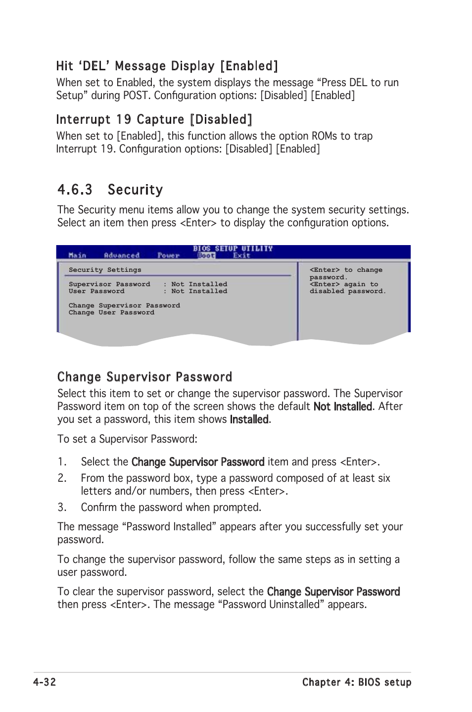 3 security, Hit ʻdelʼ message display [enabled, Interrupt 19 capture [disabled | Change supervisor password | Asus P5MT-C User Manual | Page 88 / 154