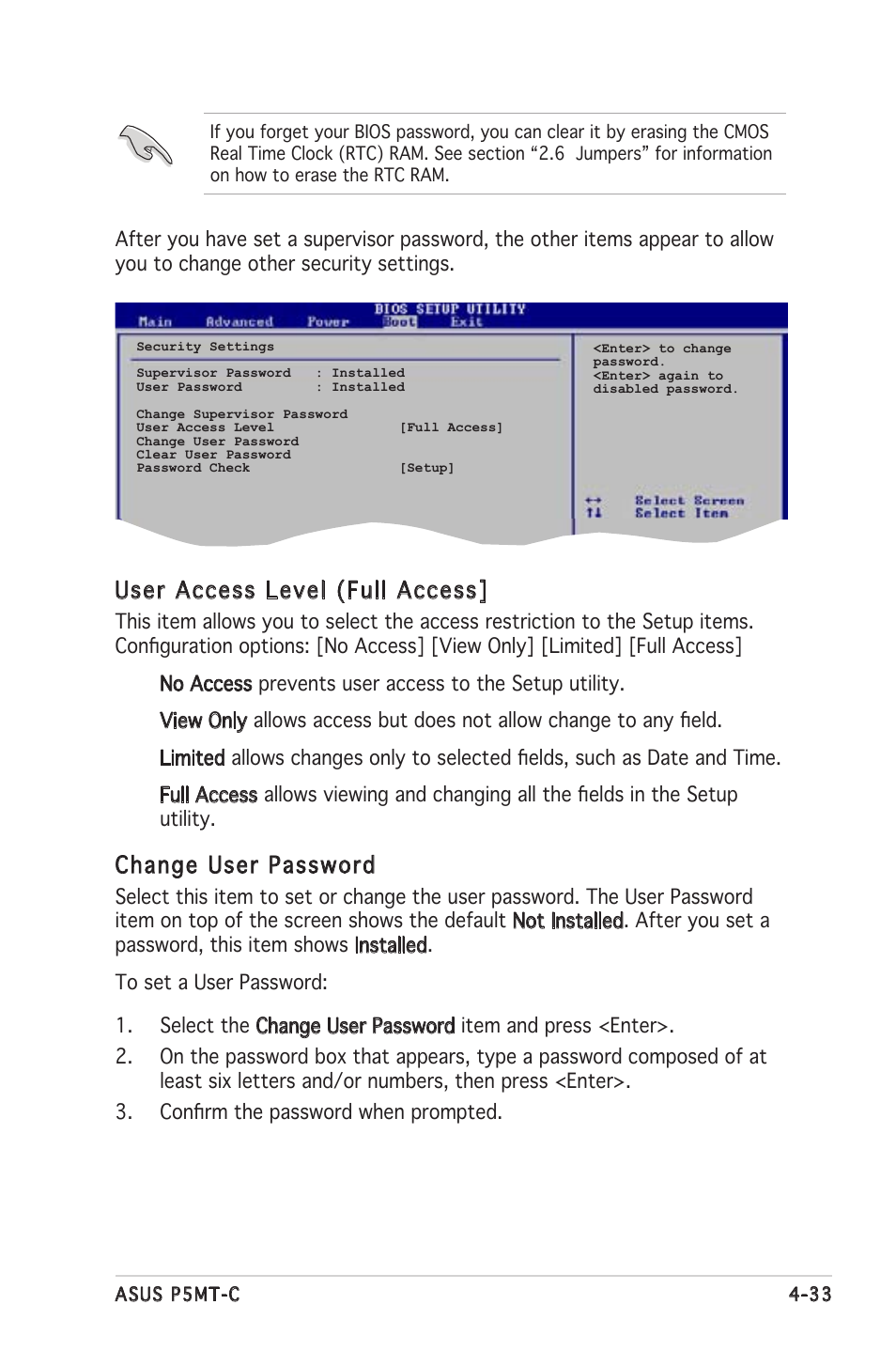 User access level (full access, Change user password | Asus P5MT-C User Manual | Page 89 / 154