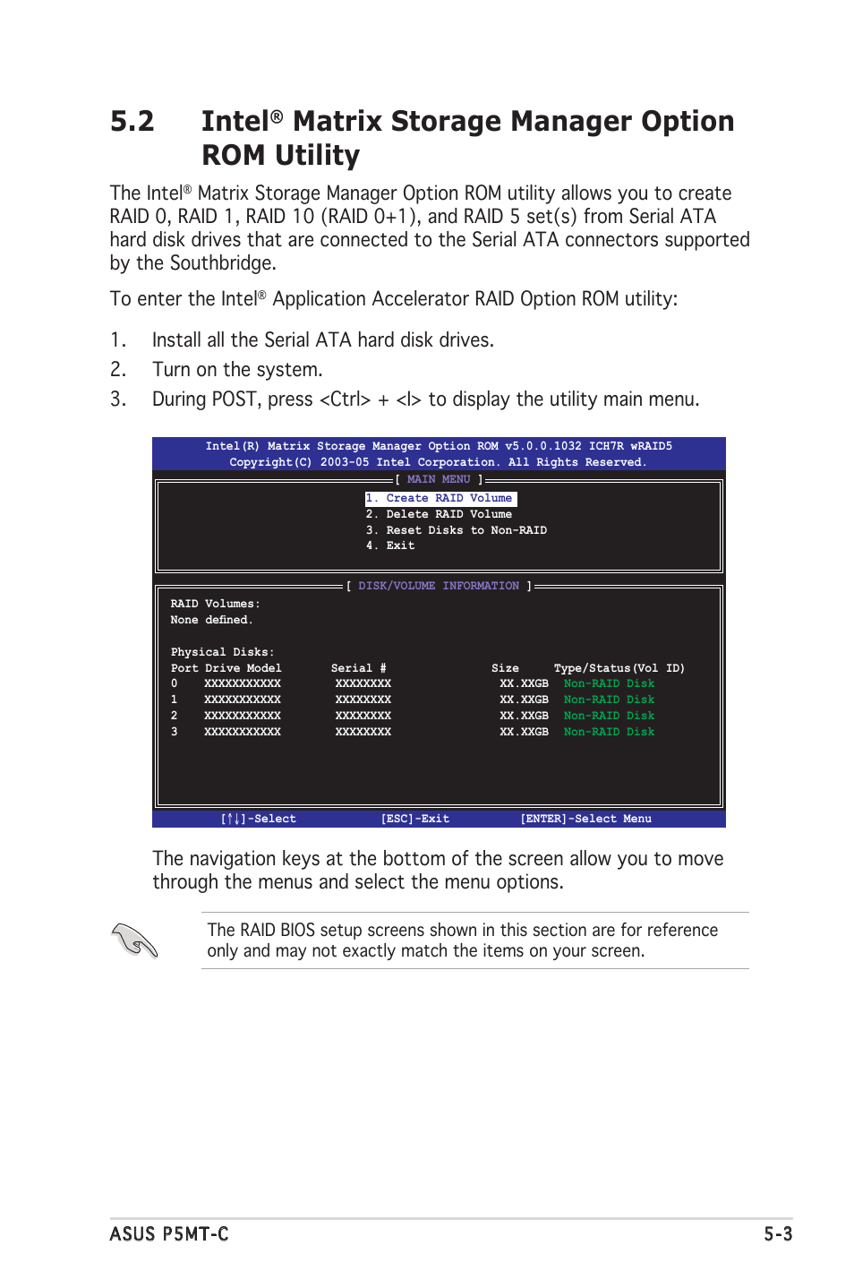 2 intel, Matrix storage manager option rom utility, The intel | Asus P5MT-C User Manual | Page 97 / 154