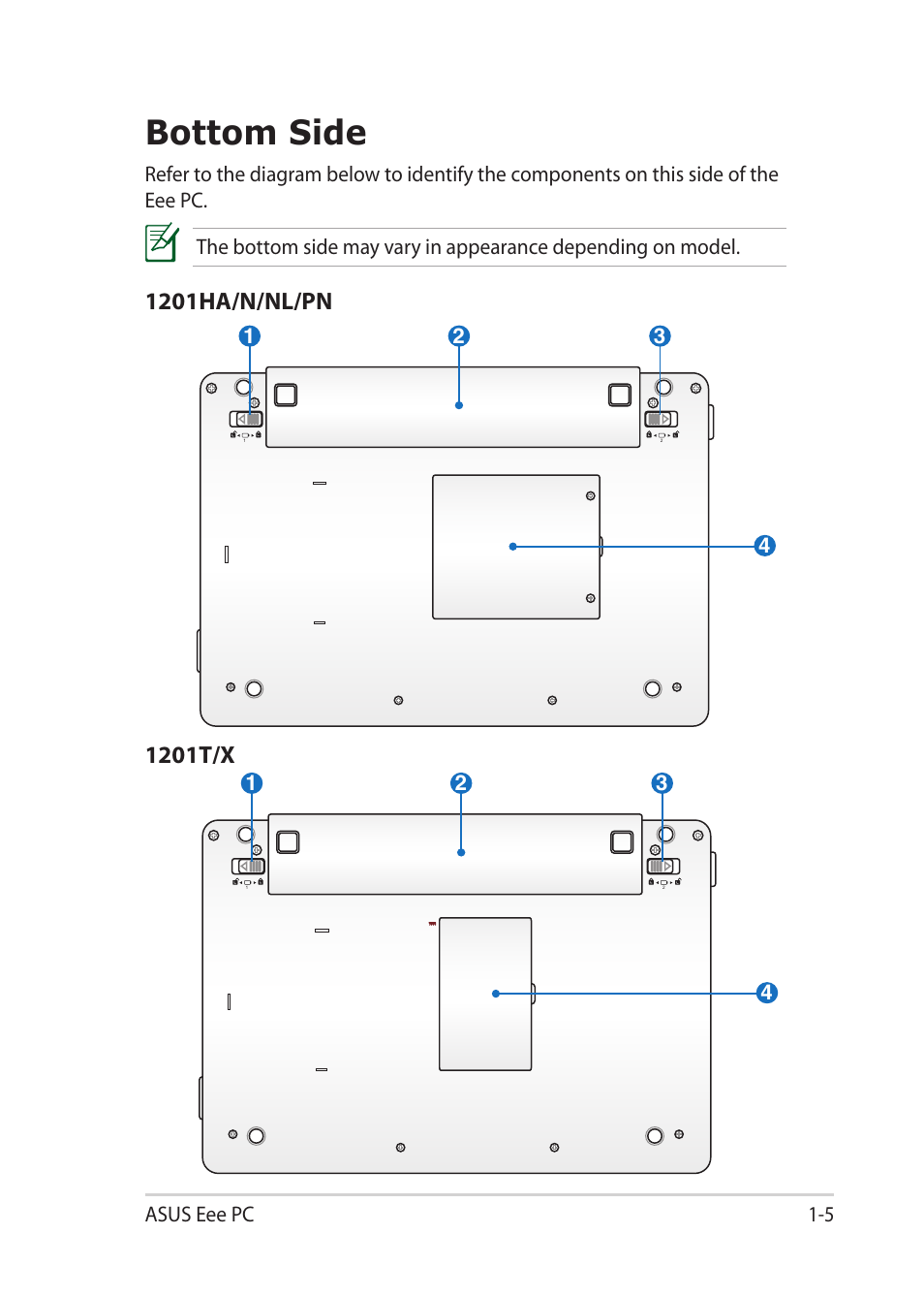 Bottom side, Bottom side -5, 1201ha/n/nl/pn | 1201t/x | Asus Eee PC 1201PN User Manual | Page 13 / 60