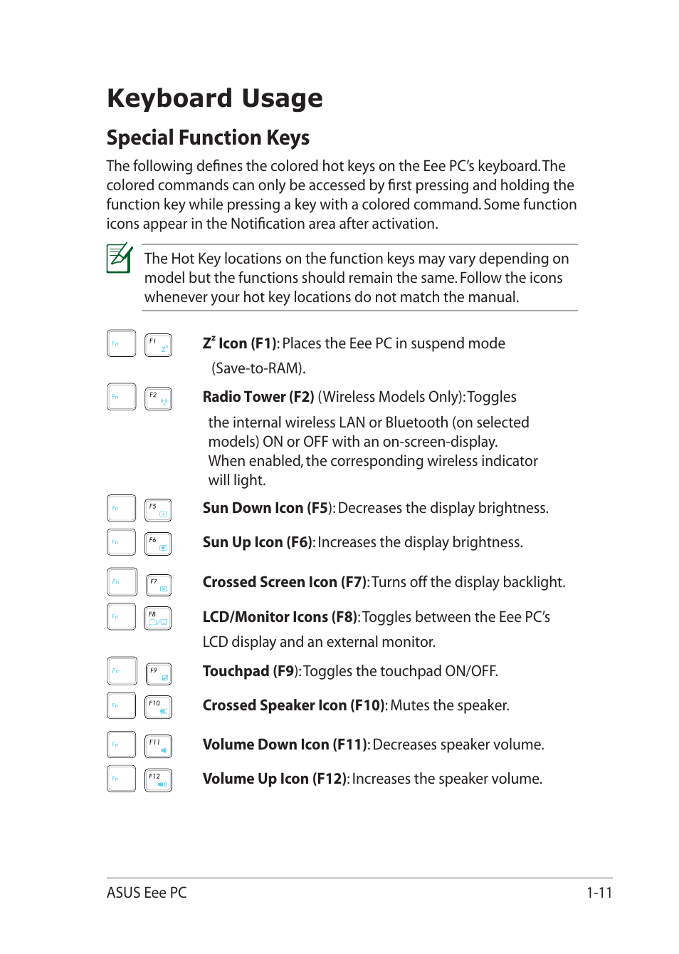 Keyboard usage, Special function keys, Keyboard usage -11 | Special function keys -11 | Asus Eee PC 1201PN User Manual | Page 19 / 60