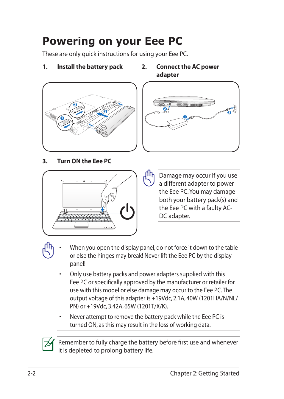 Powering on your eee pc, Powering on your eee pc -2 | Asus Eee PC 1201PN User Manual | Page 24 / 60