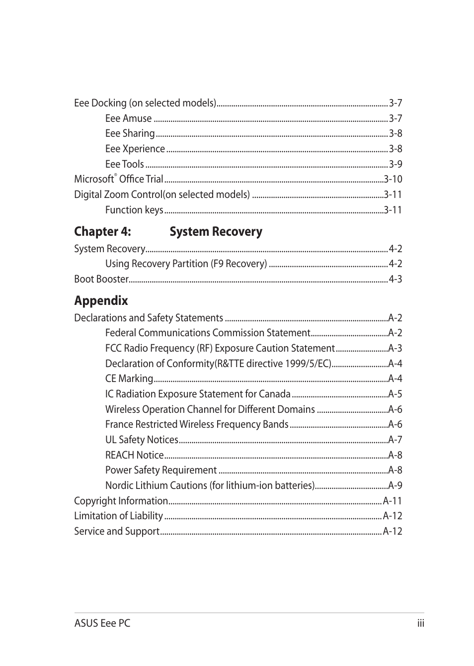 Chapter 4: system recovery, Appendix | Asus Eee PC 1201PN User Manual | Page 3 / 60