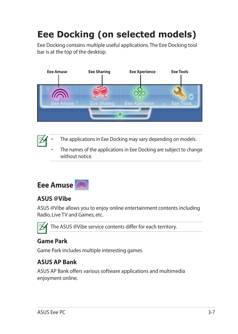 Eee docking (on selected models), Eee amuse, Eee docking (on selected models) -7 | Eee amuse -7 | Asus Eee PC 1201PN User Manual | Page 39 / 60
