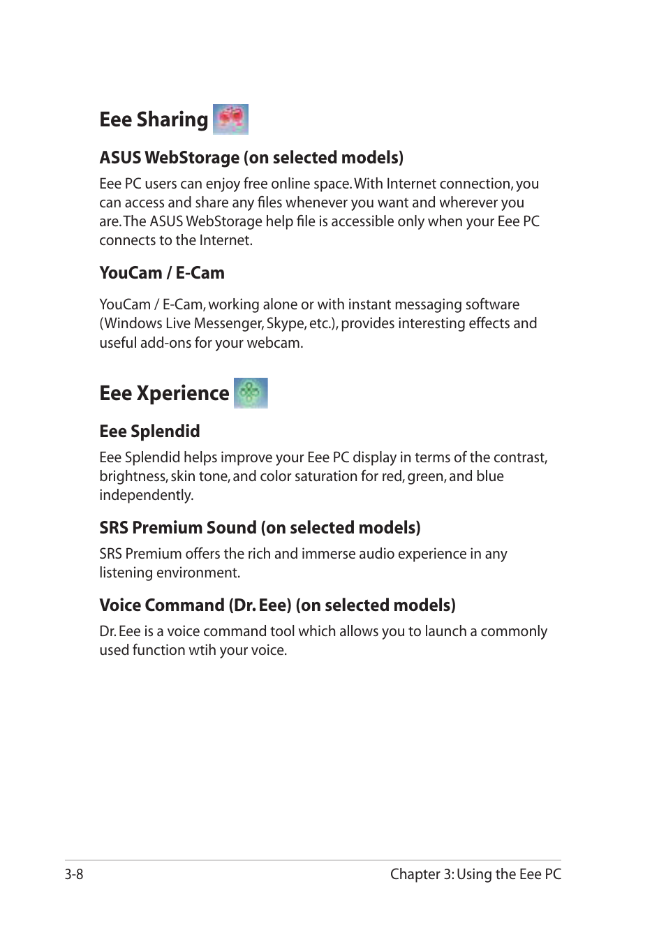 Eee sharing, Eee xperience, Eee sharing -8 eee xperience -8 | Asus Eee PC 1201PN User Manual | Page 40 / 60